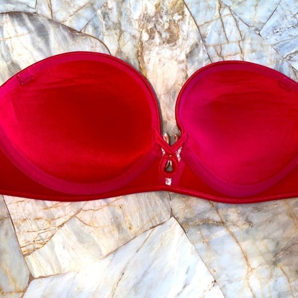 32B Bombshell Miraculous Red Lace Strapless Bra PushUp Lace Satin Rare - Picture 6 of 6